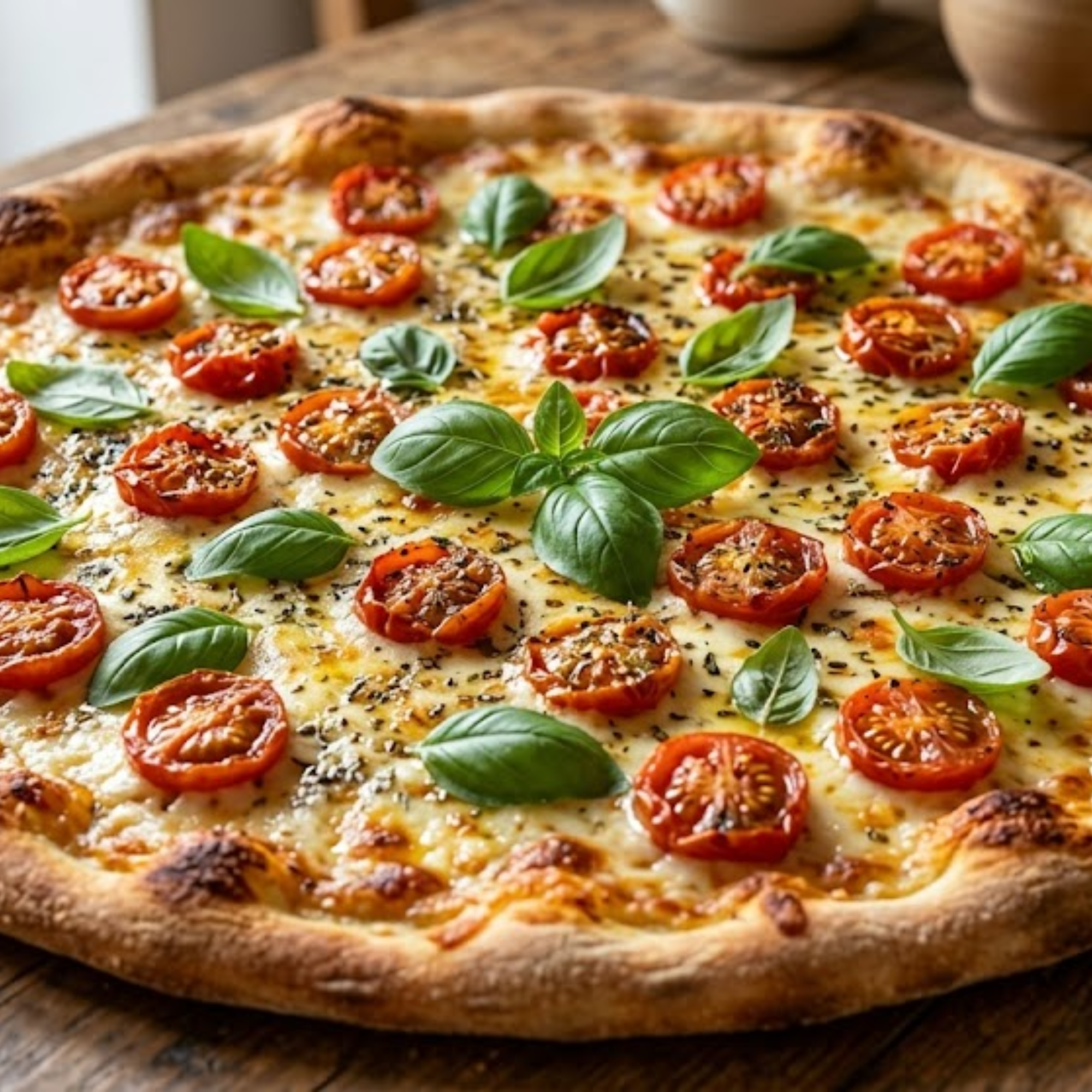 Pizza maison à la mozzarella fondante, tomates cerises rôties, basilic frais et origan, tout juste sortie du four.
