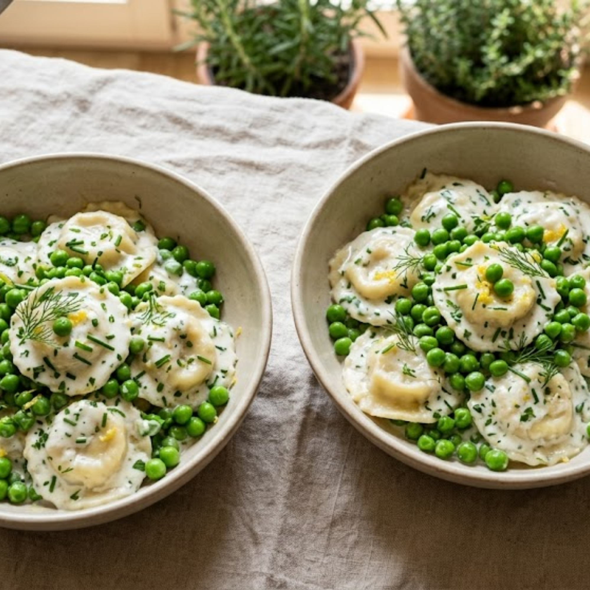Raviolis aux petits pois citron &amp; sauce yaourt aux herbes
