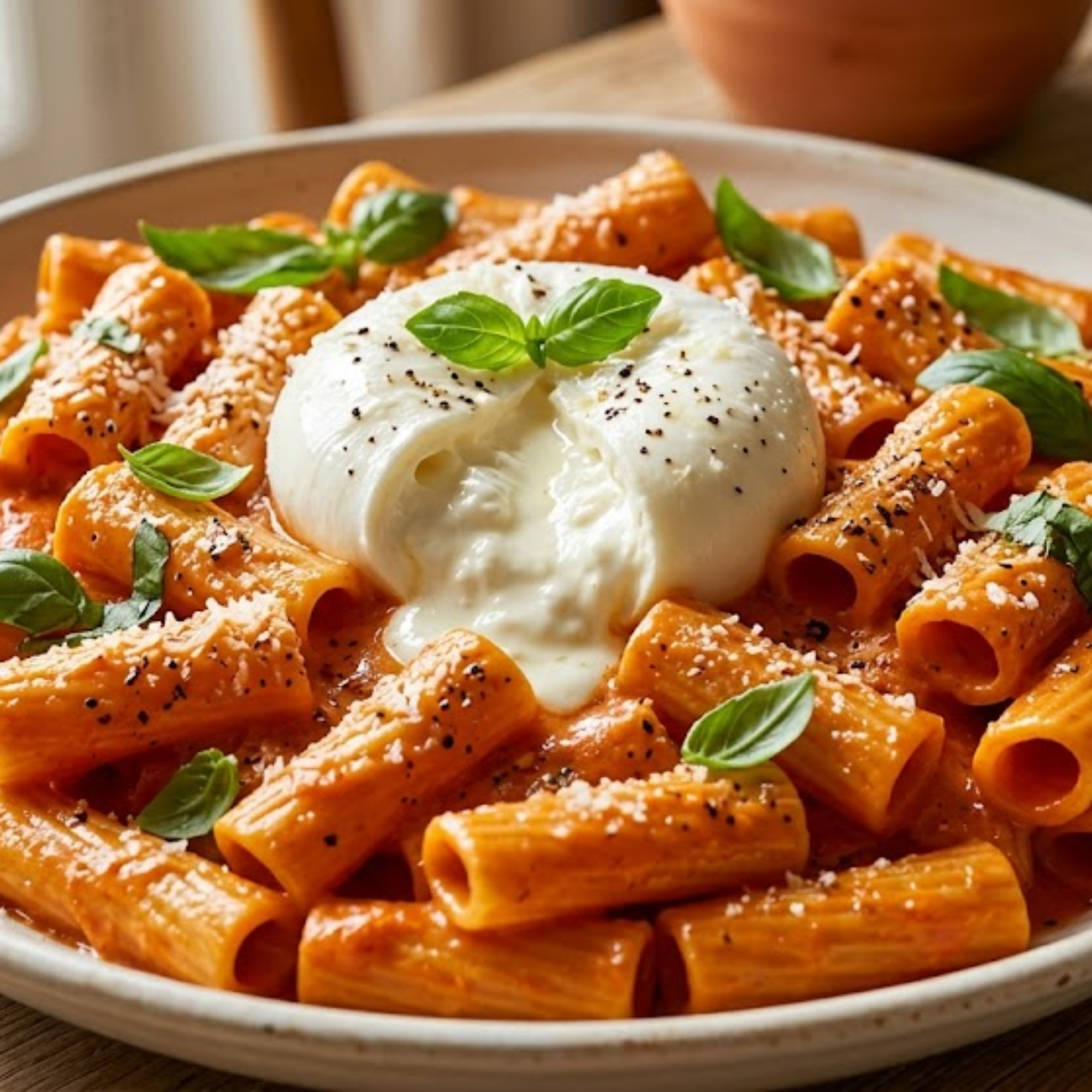 Rigatoni nappés d’une crème de poivrons rôtis avec une burrata fondante au centre, parmesan et basilic frais.