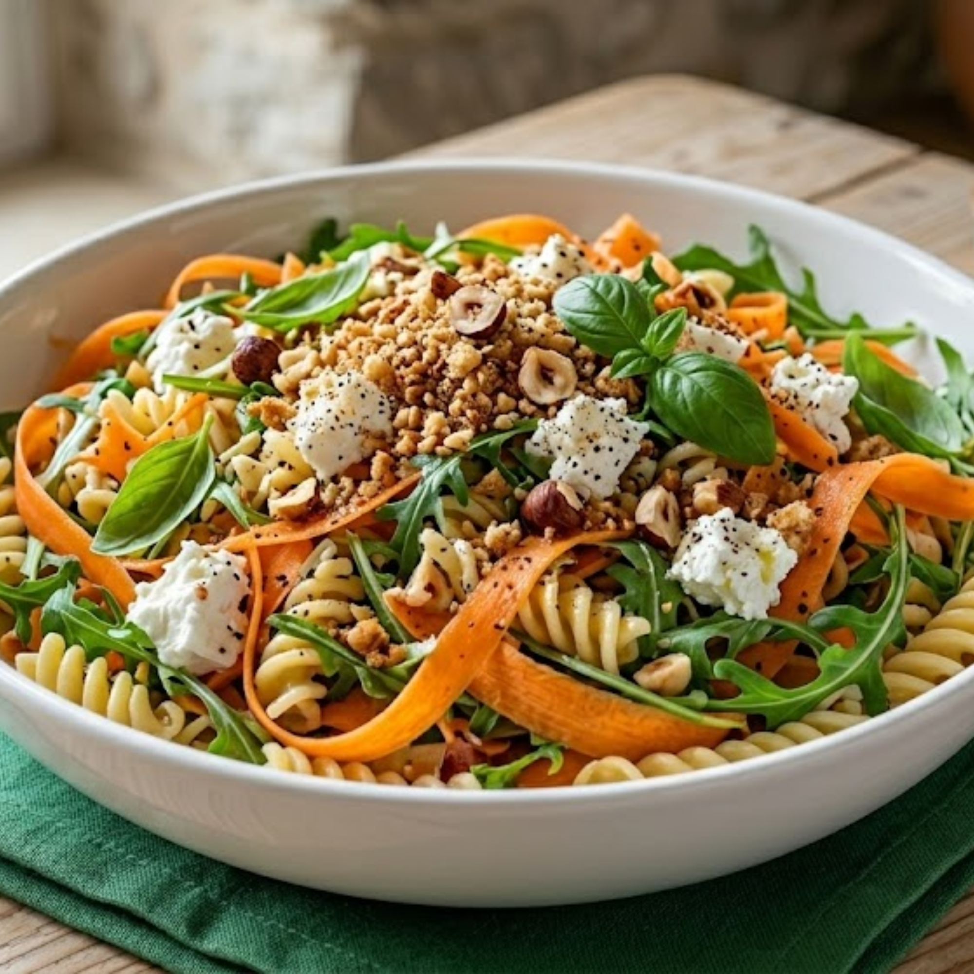 Salade de pâtes carottes ruban, chèvre frais &amp; crumble aux noisettes 