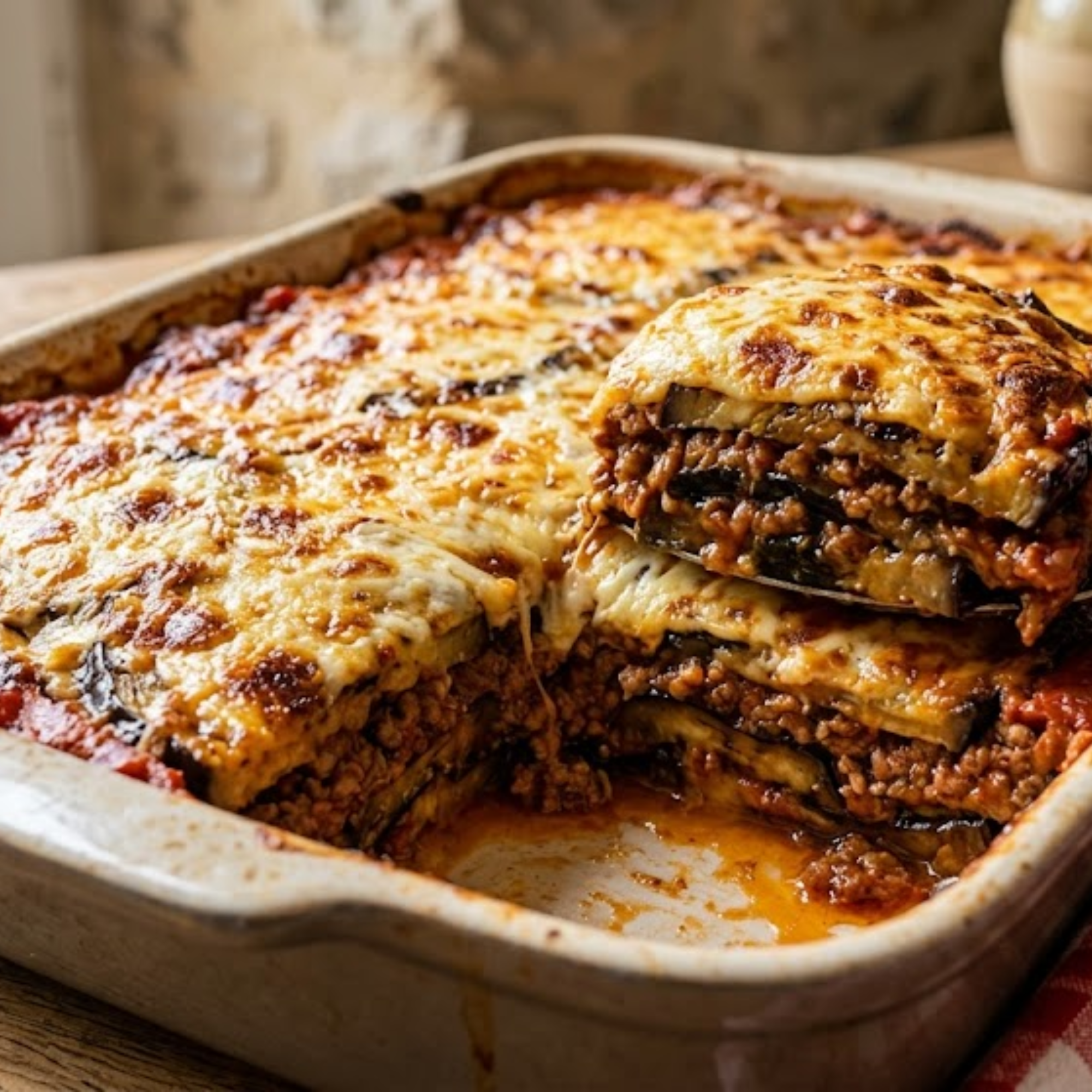 Moussaka express gratinée aux aubergines grillées, bœuf haché, sauce tomate et fromage fondu, servie bien chaude.