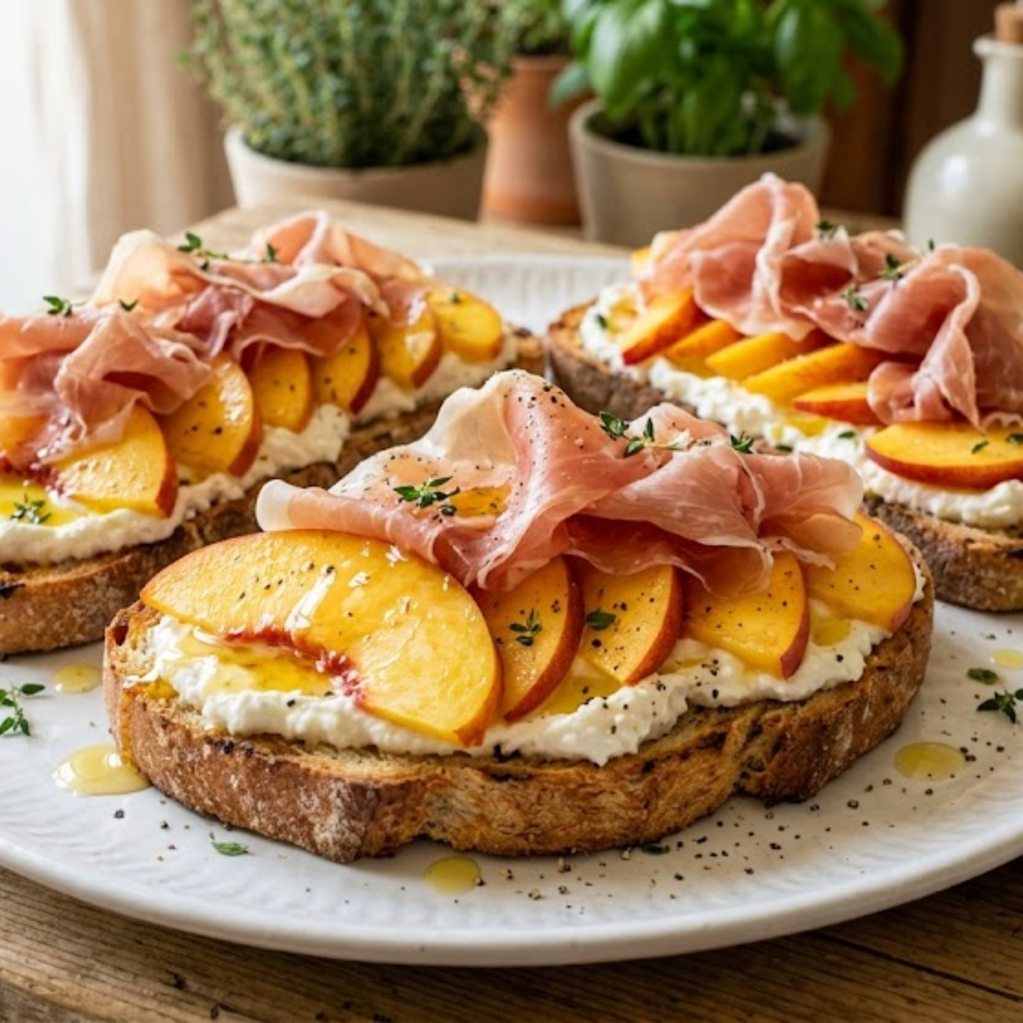 Tartines de pêches jambon cru et fromage frais