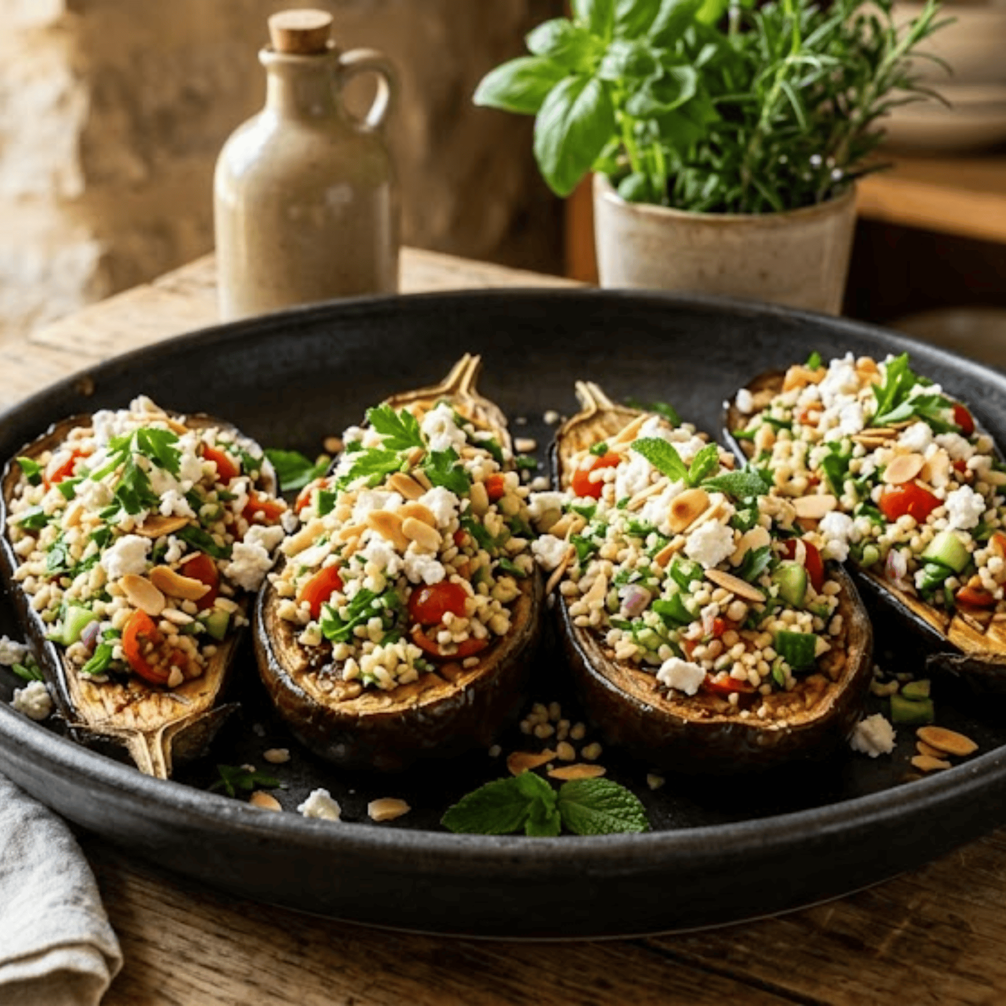 Aubergines  farcies au taboulé, feta &amp; amandes grillées