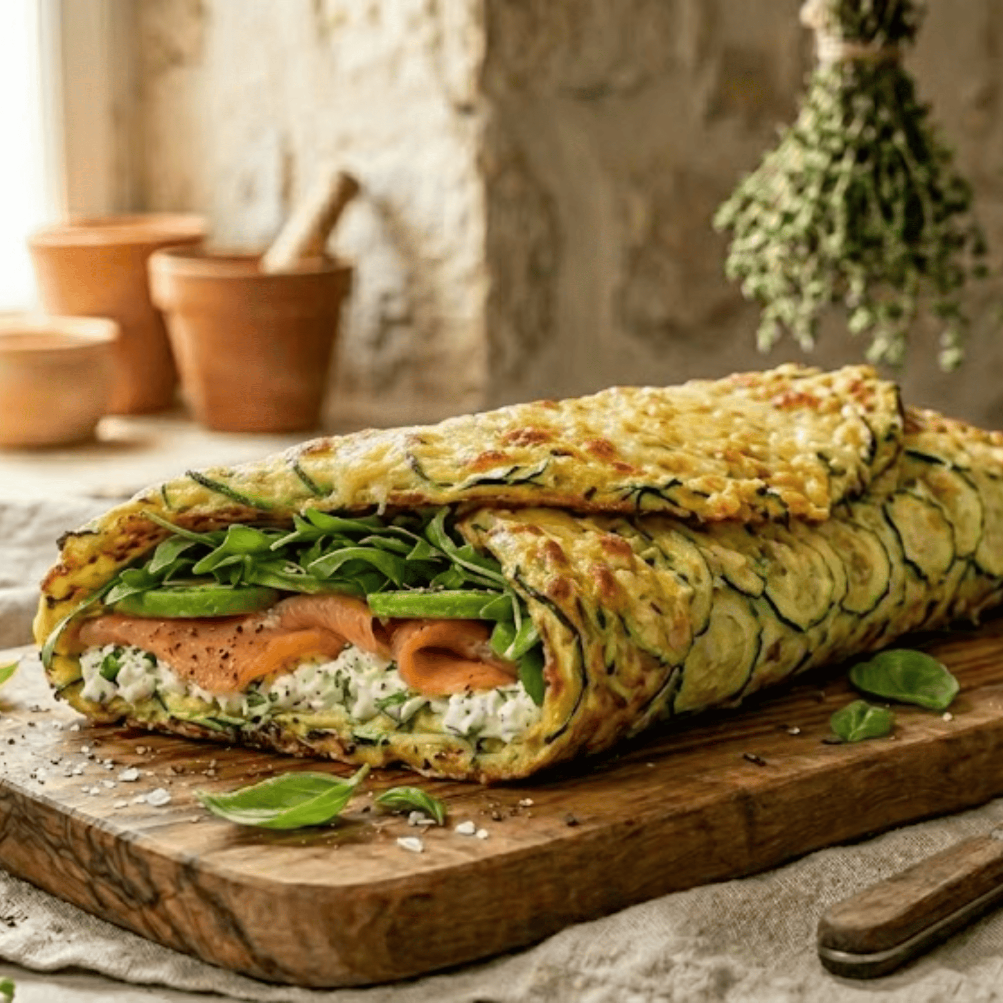 Croques de courgettes gratinés garnis de saumon fumé, avocat, roquette et crème de cottage cheese au basilic