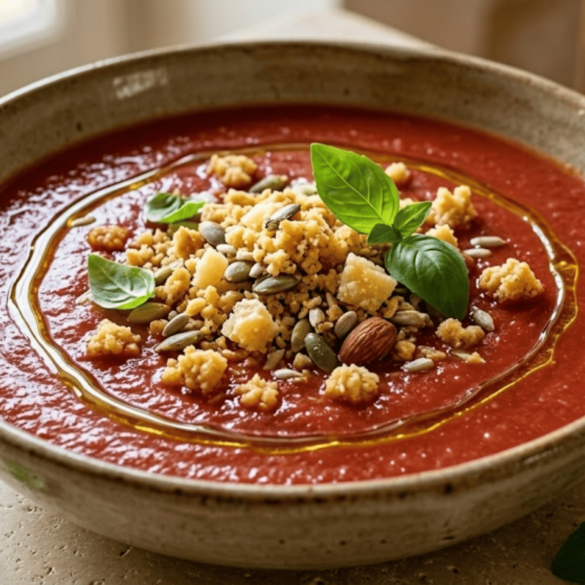 Bol de gaspacho de tomates et poivrons garni d’un crumble salé aux graines, basilic frais et parmesan.