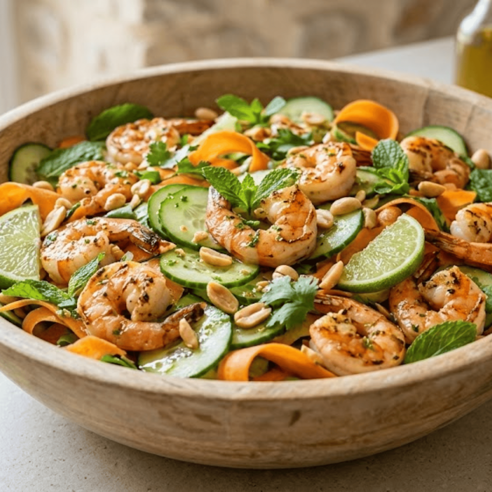 Salade de crevettes concombre &amp; carottes marinées au citron vert