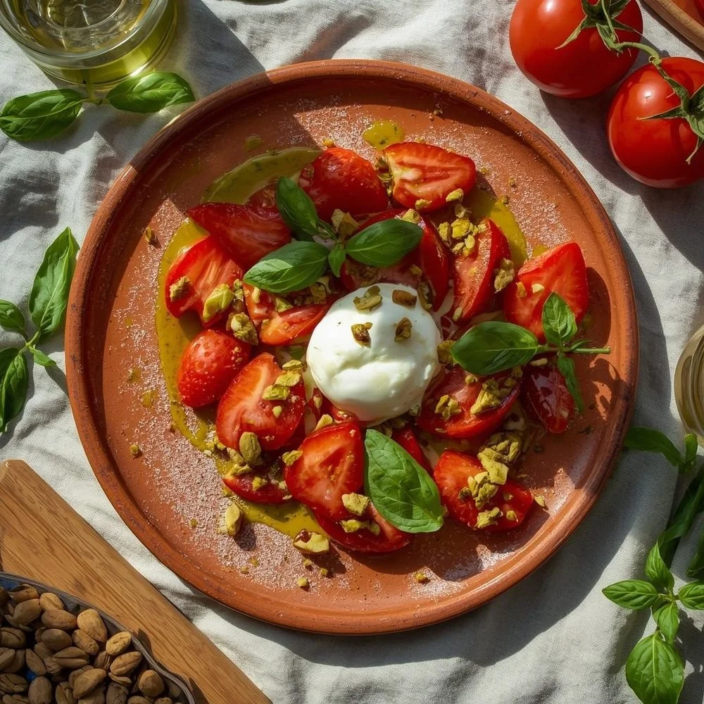 Salade de tomates, fraises et burrata