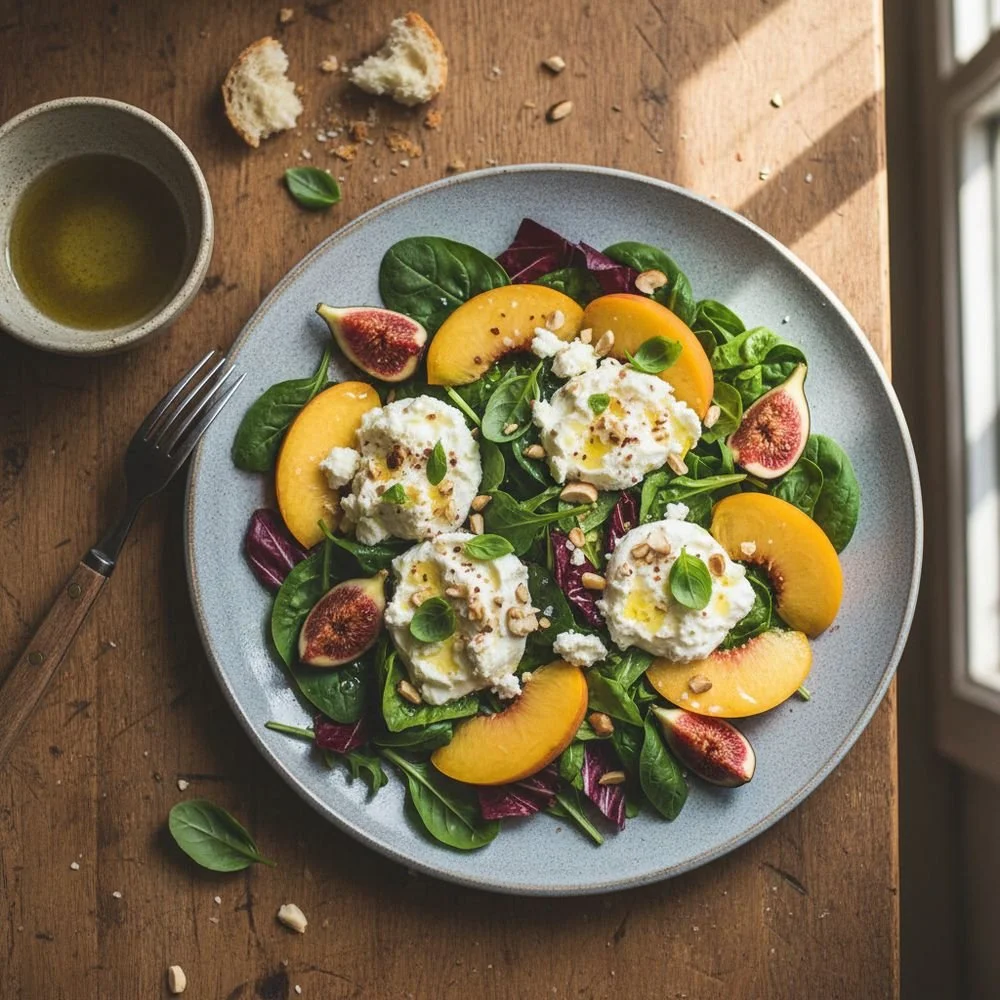 Salade de figues, pêche et ricotta