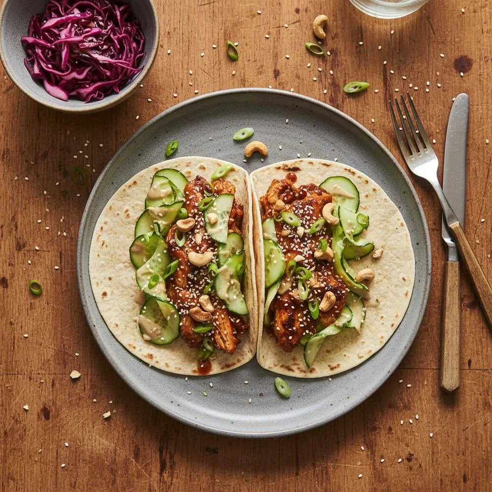 Tacos de poulet, chou rouge &amp; sauce sésame