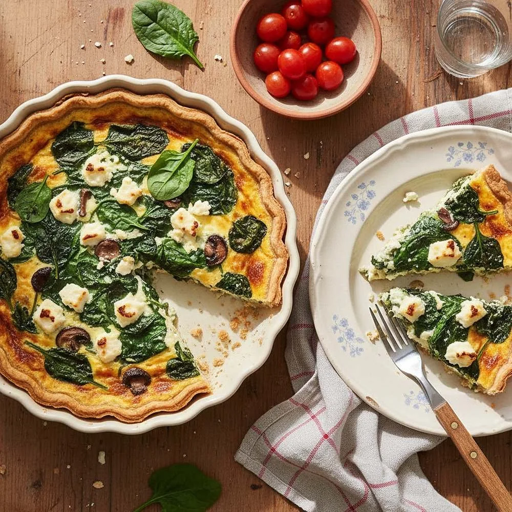 Quiche aux épinards, feta et champignons