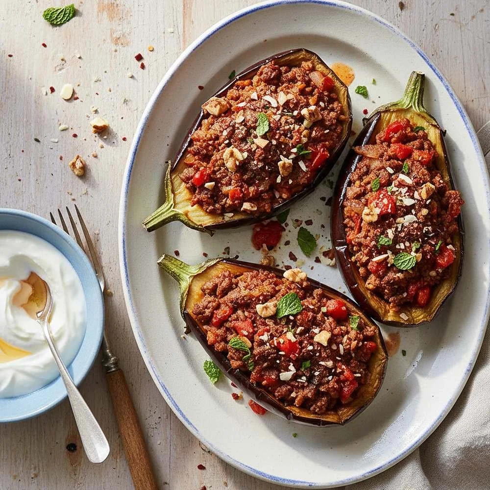 Aubergines farcies à l'agneau, sauce yaourt à la menthe