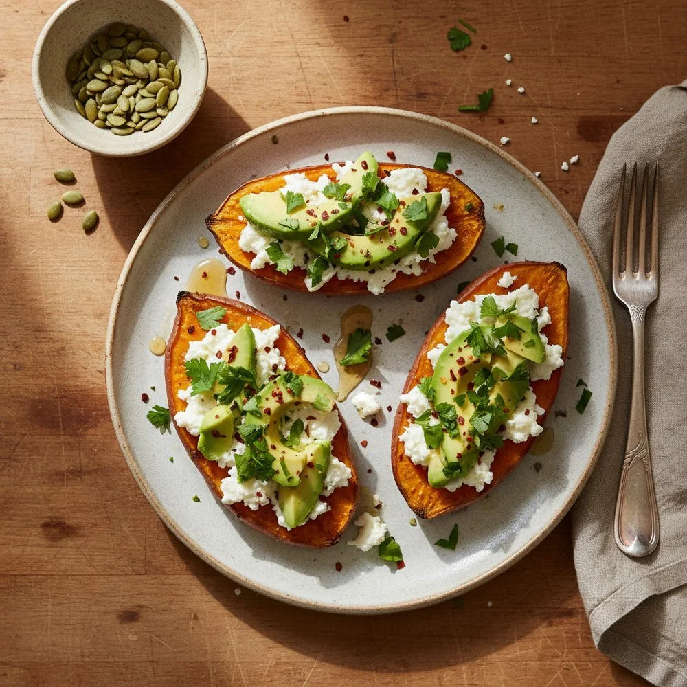 Tartines de patate douce, feta et avocat