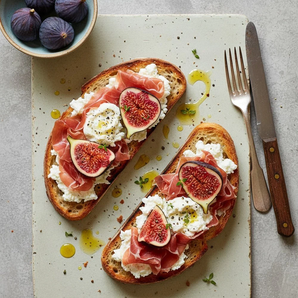 Tartines de figues, ricotta et jambon cru
