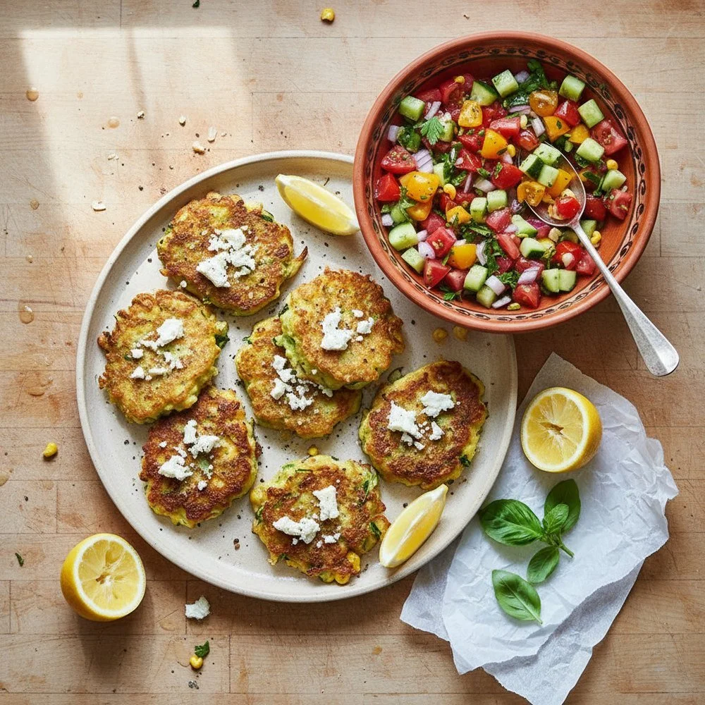 Galettes de courgette et maïs, salsa de tomates