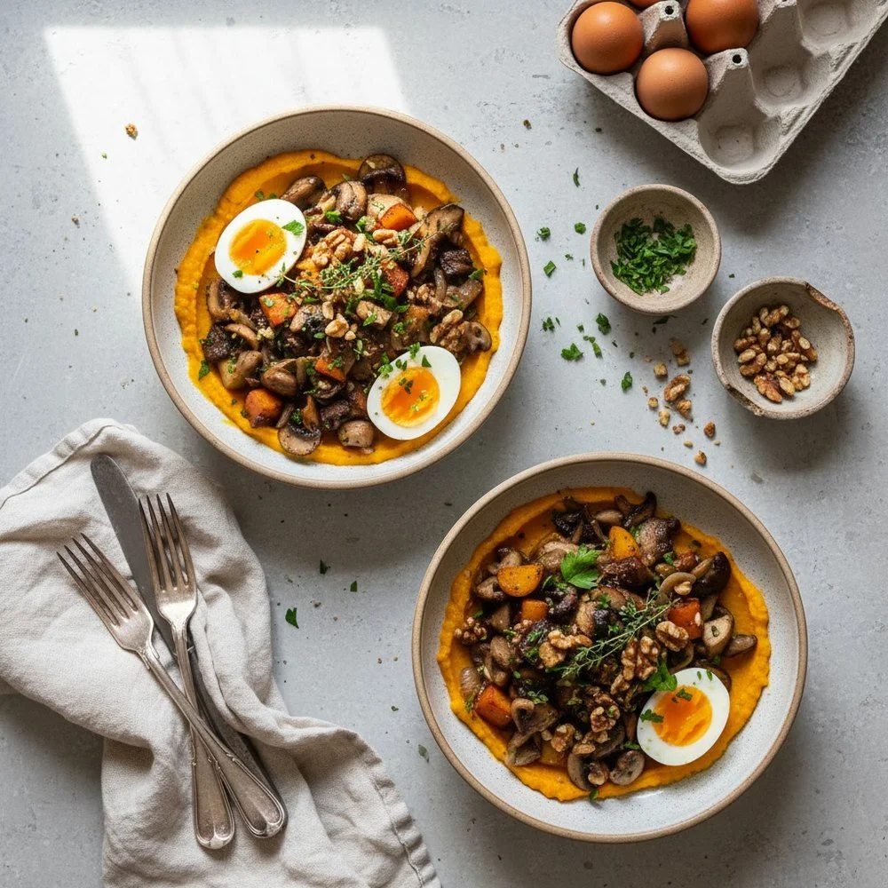 Purée de patate douce, champignons et œuf mollet