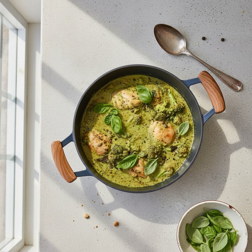 Curry vert de poulet au basilic et brocoli