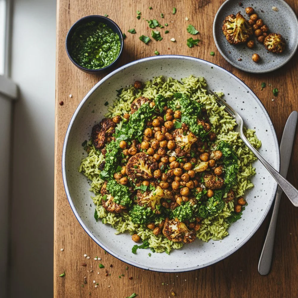 Riz au pesto, chou-fleur rôti et pois chiches épicés