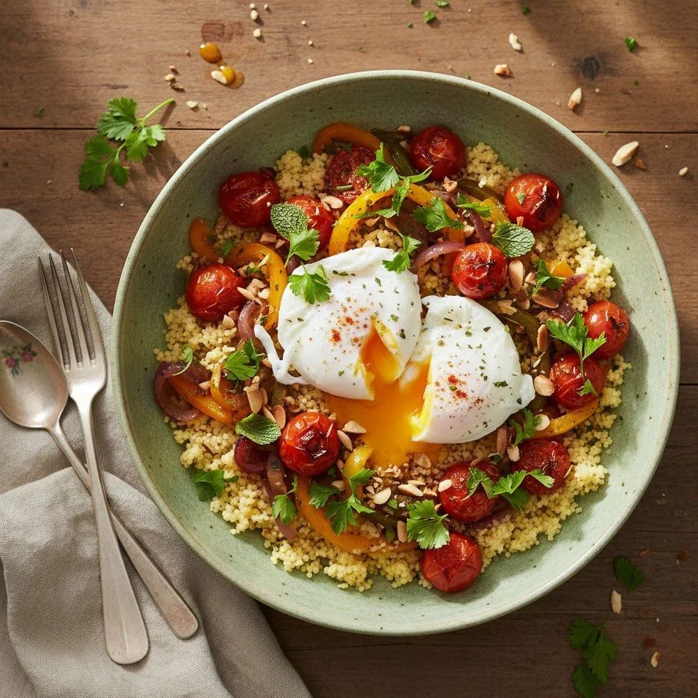 Semoule aux légumes rôtis, amandes et œufs pochés