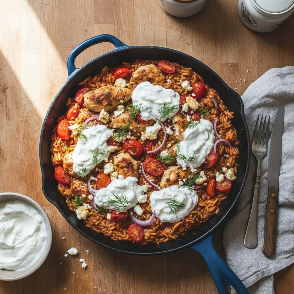 Poulet à la grecque, orzo à la tomate