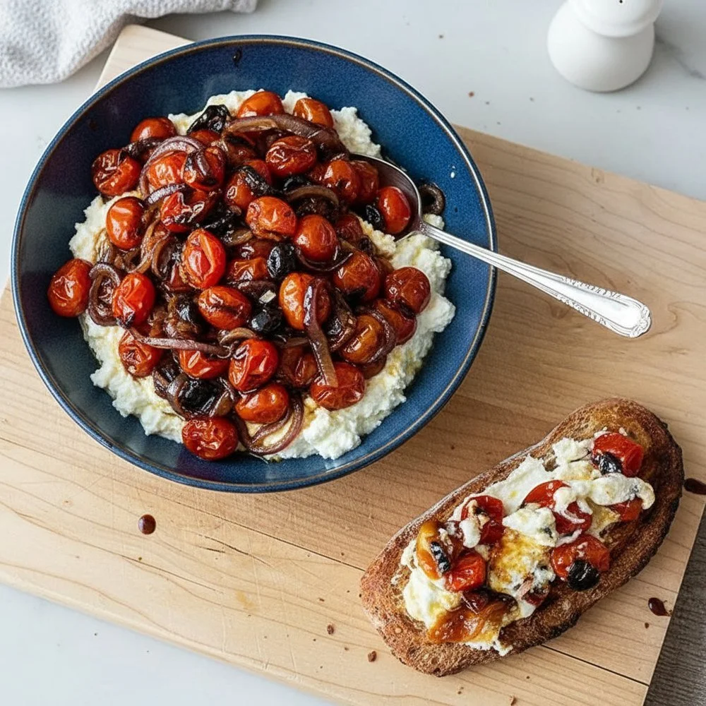 Ricotta aux tomates confites, oignons rouges et olives