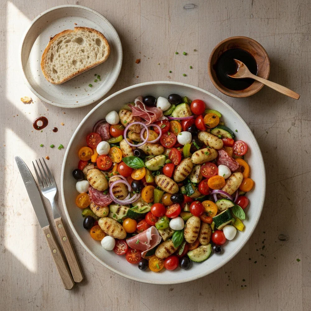 Salade de gnocchis grillés, tomates cerises et mozzarella