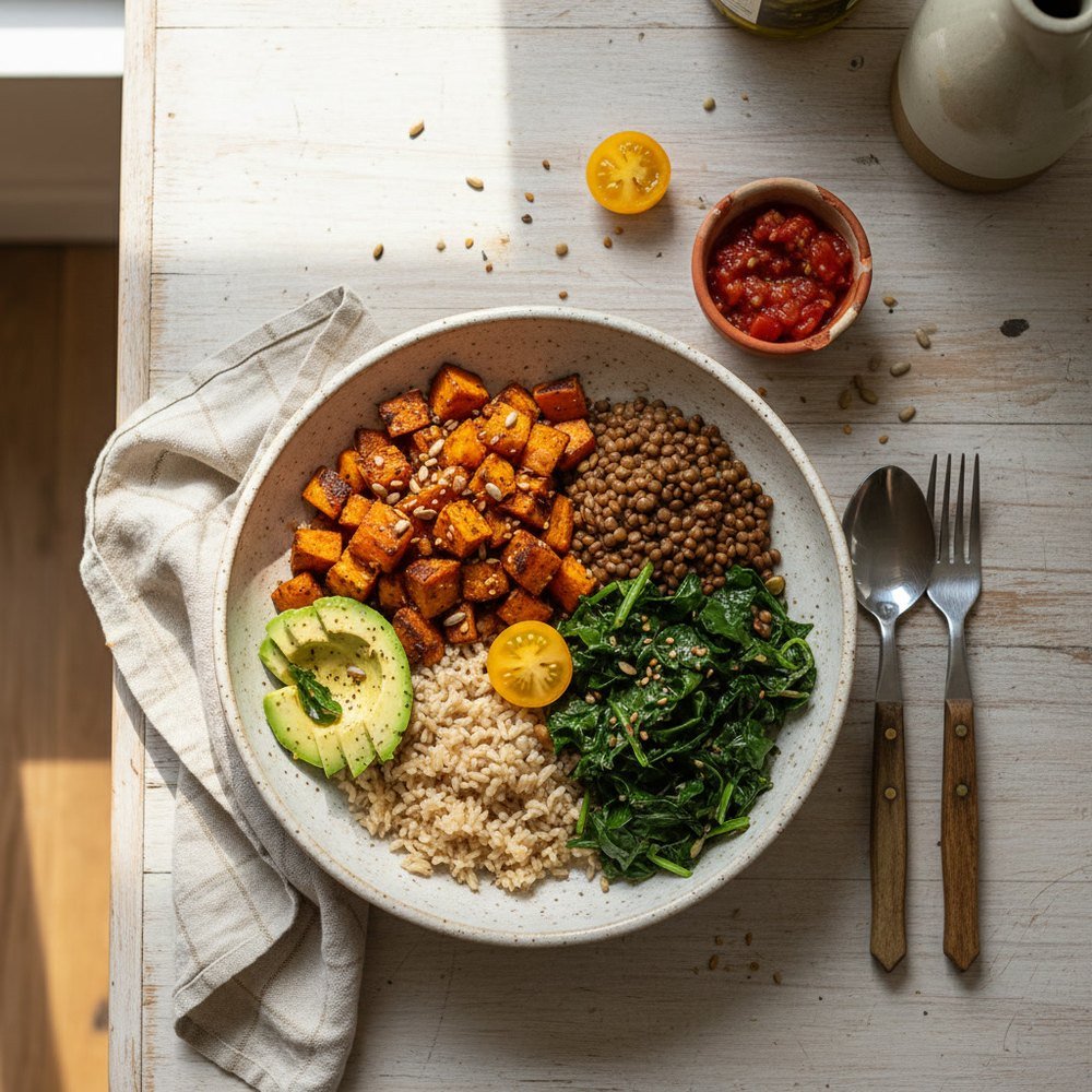 Bowl de lentilles, patate douce rôtie et avocat