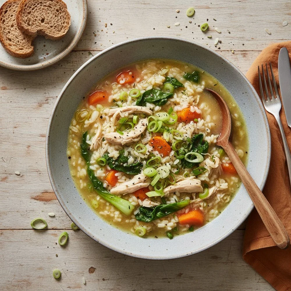Soupe de riz au poulet, carottes et épinards