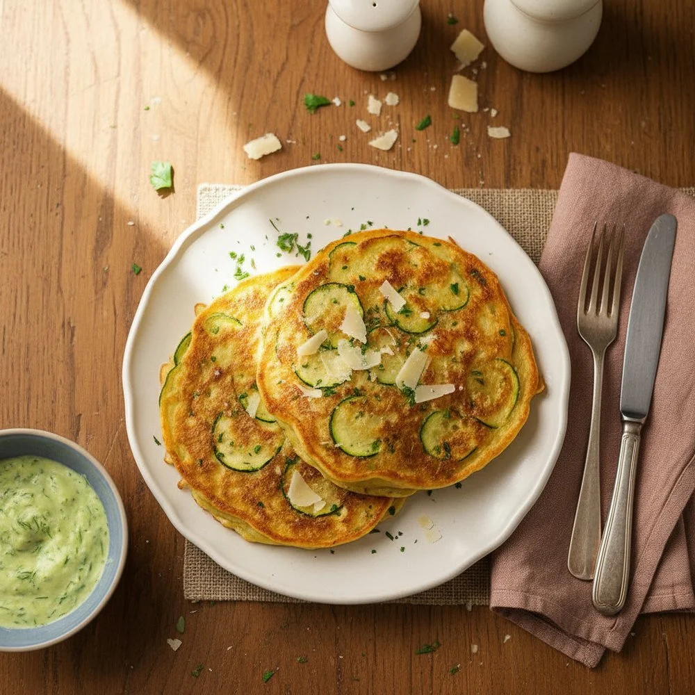 Pancakes salés aux courgettes, sauce au yaourt