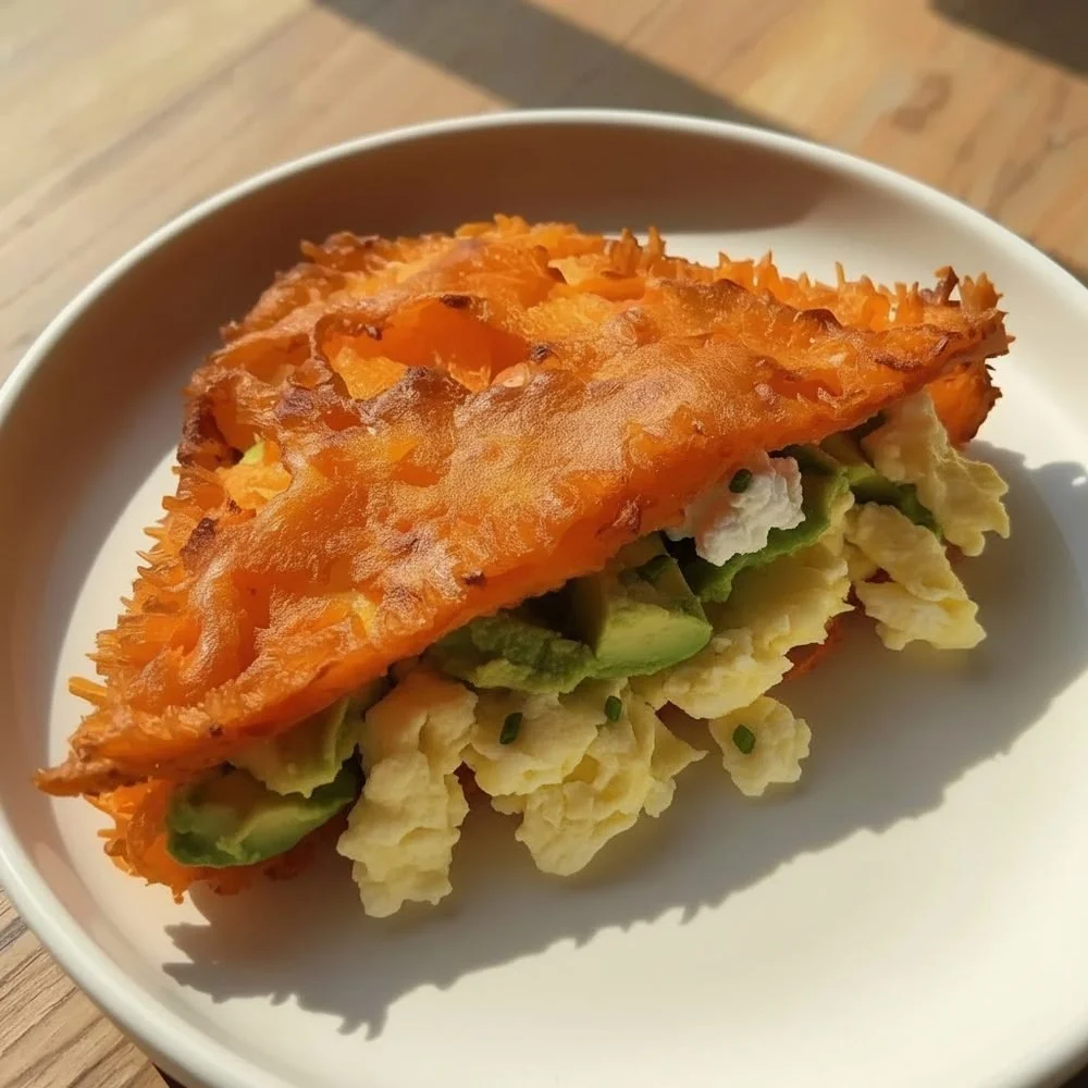 Galettes croustillantes de patate douce, œufs brouillés, avocat et cottage citronné