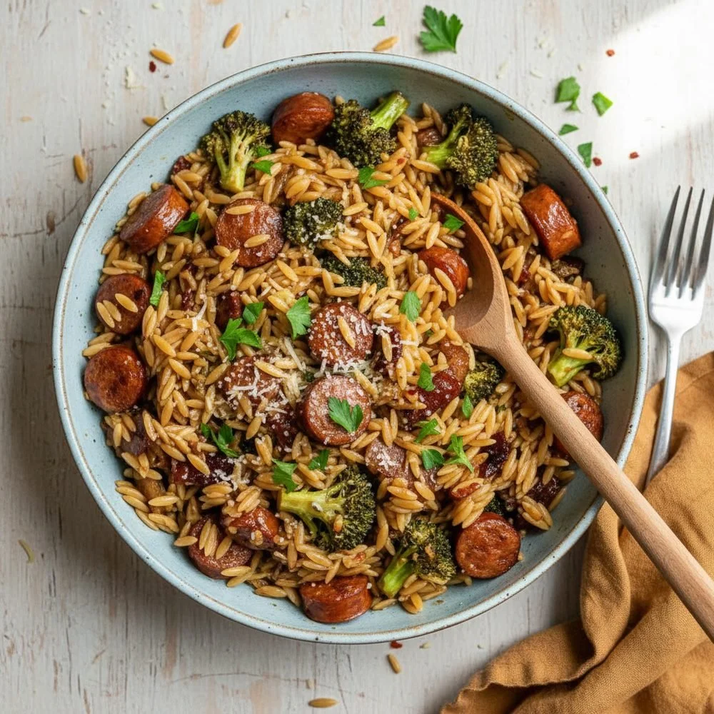 Orzo au brocoli et à la saucisse fumée