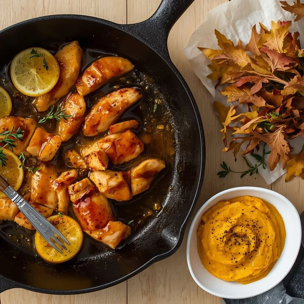 Poulet au miel et au citron, purée de potimarron