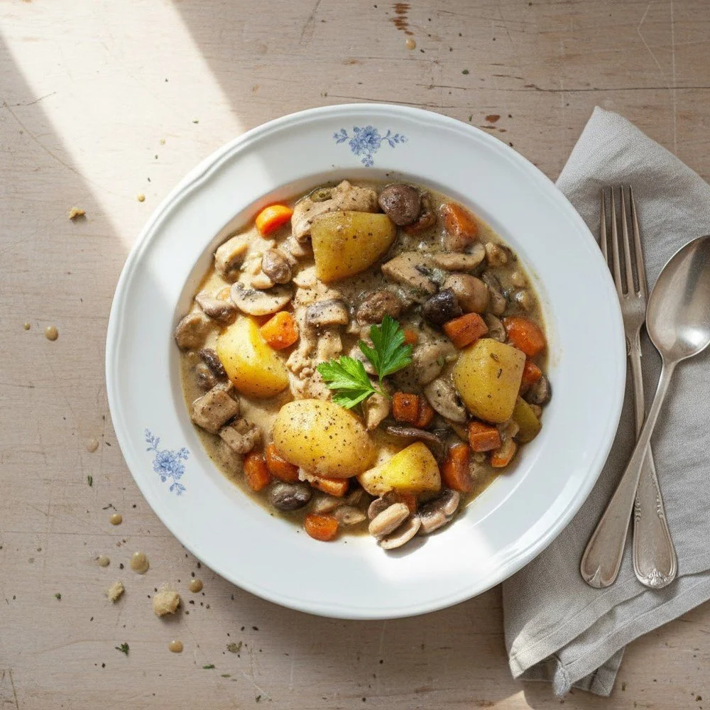 Poulet au cidre, champignons et légumes d'automne