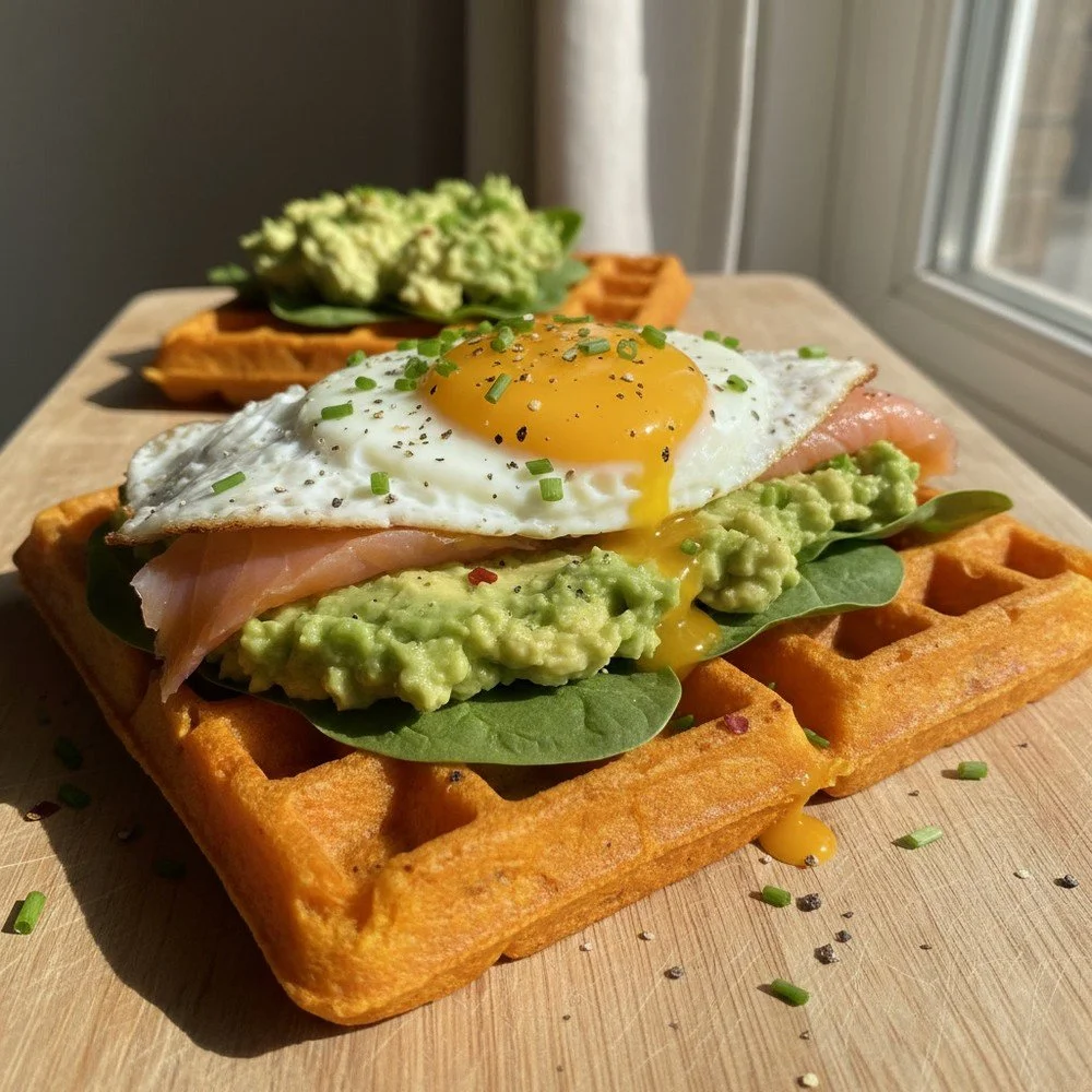 Gaufres de patate douce, œuf au plat, saumon fumé et avocat