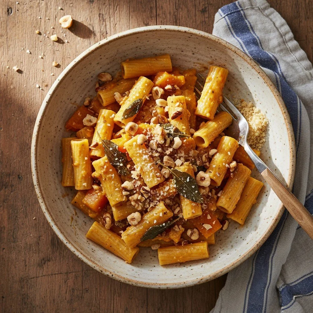 Rigatoni à la courge rôtie, sauge et noisettes