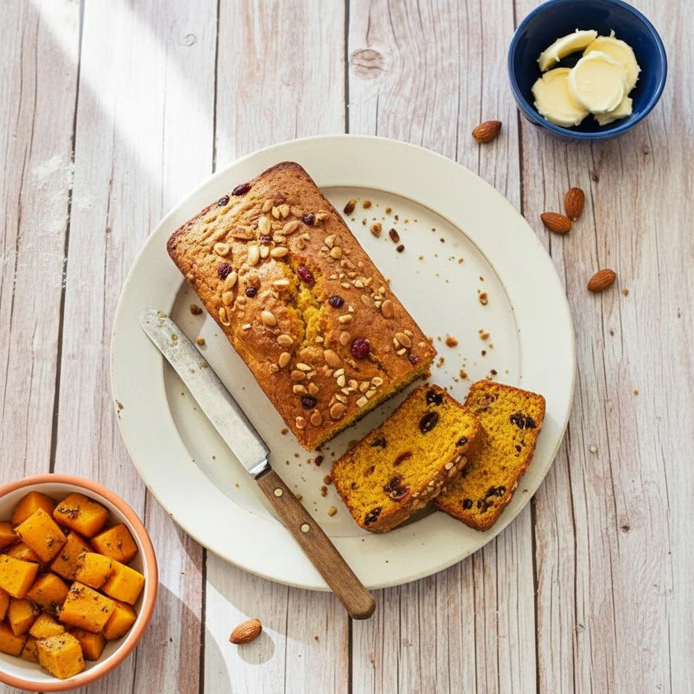 Cake moelleux à la courge, cranberries et amandes
