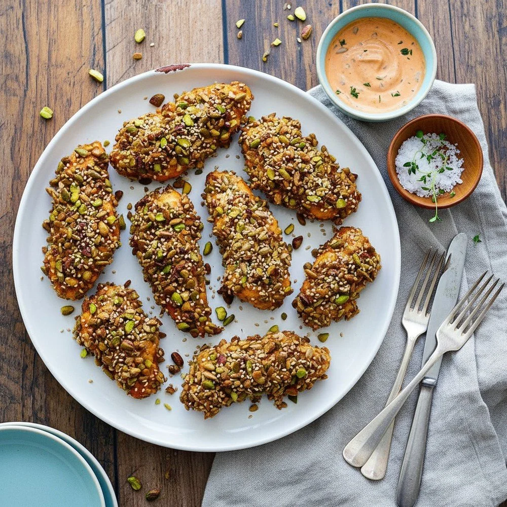 Aiguillettes de poulet en croûte de graines, sauce au paprika