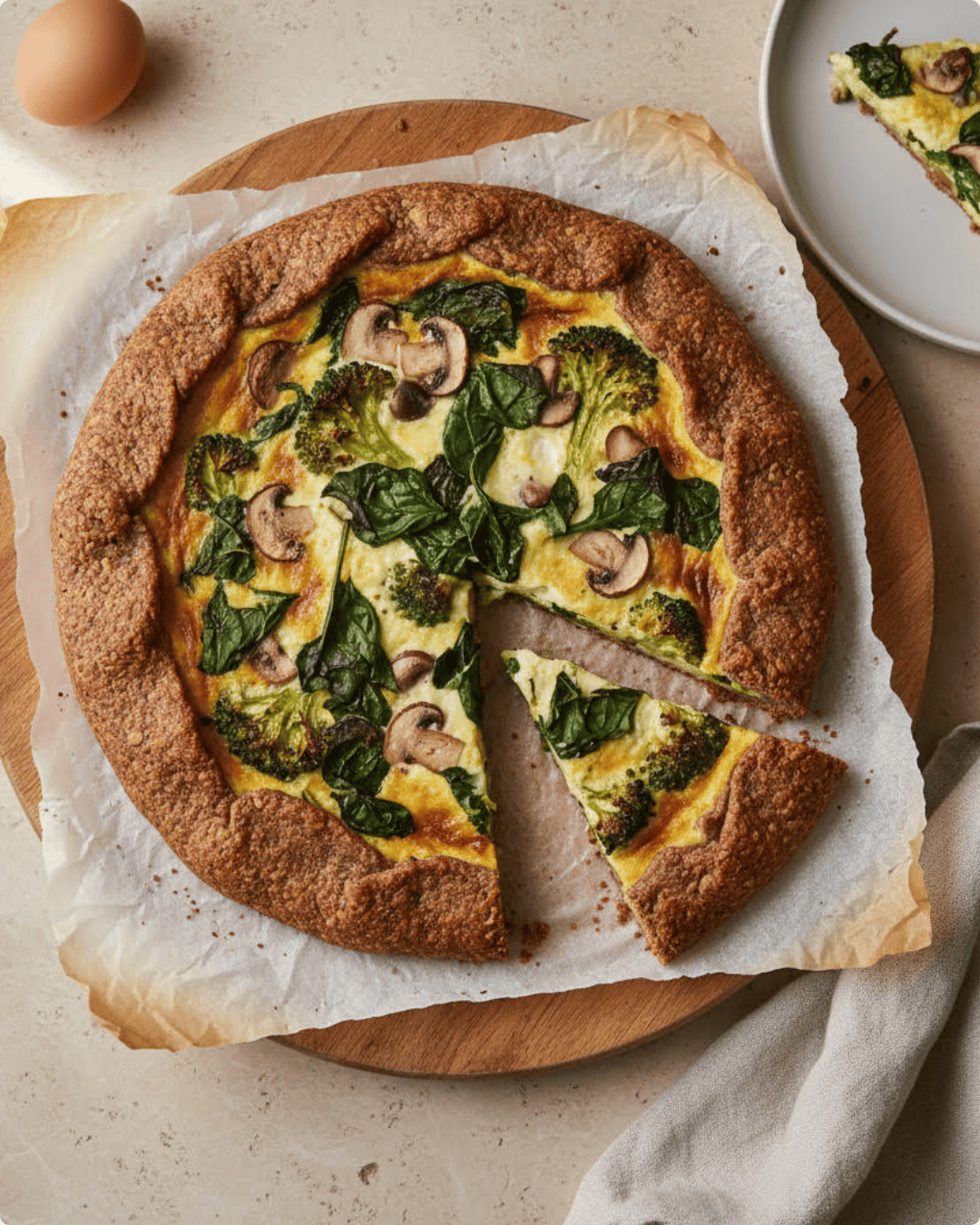 Tarte rustique aux brocolis, épinards et champignons avec pâte au sarrasin dorée et légumes verts