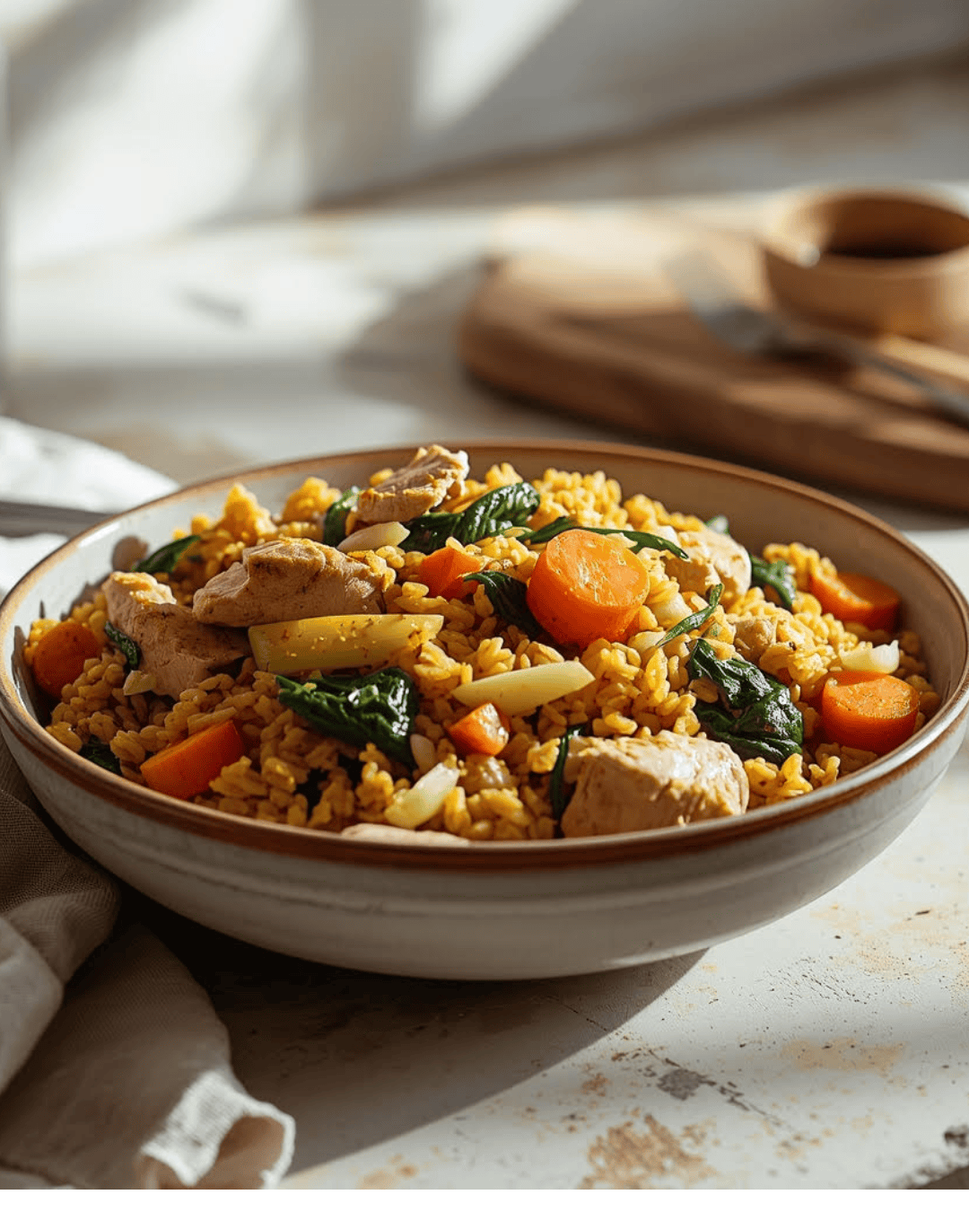 Riz complet sauté au poulet avec légumes colorés, curcuma et épinards