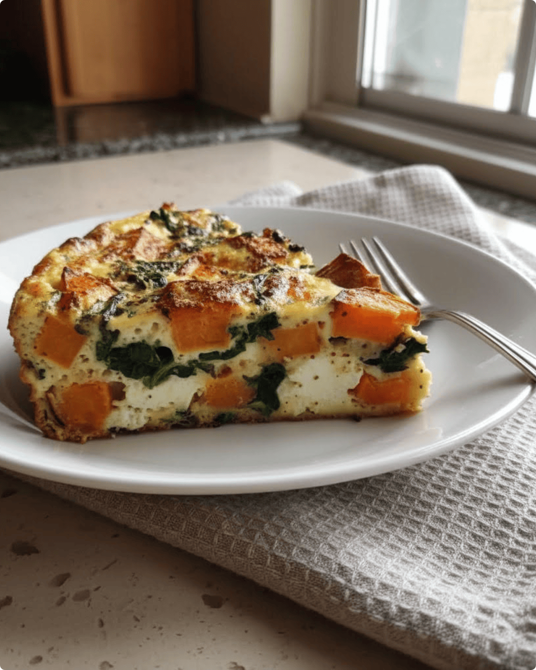 Frittata aux patates douces rôties, épinards et feta, dorée au four et servie en parts dans un plat.