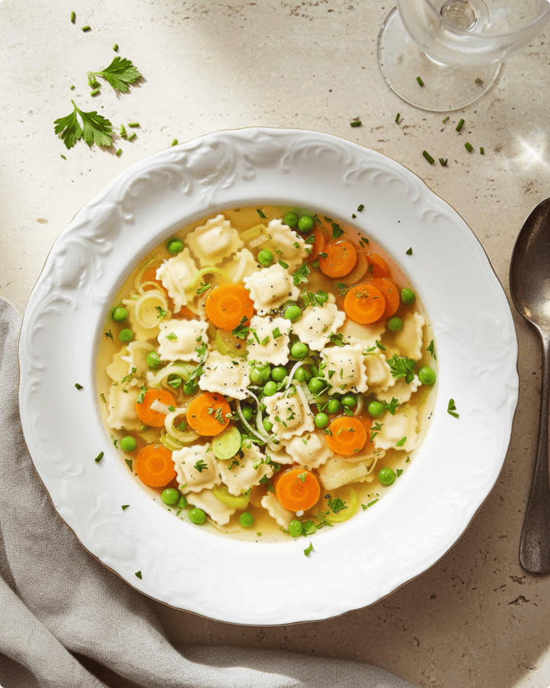 Bouillon printanier de ravioles