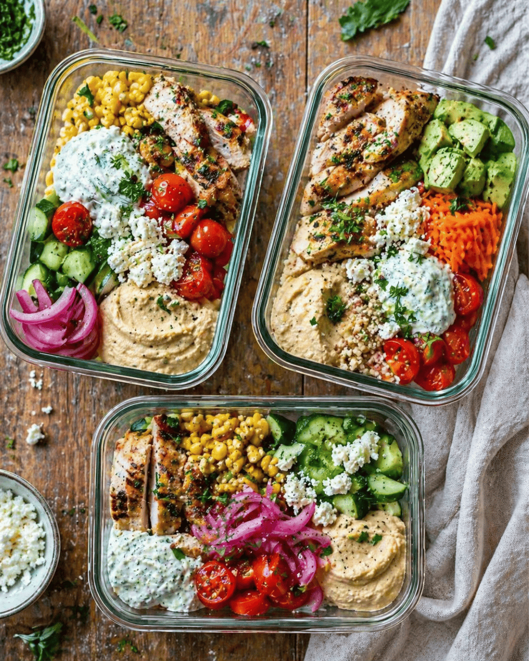 Bowl express avec poulet, avocat, houmous, maïs et crudités