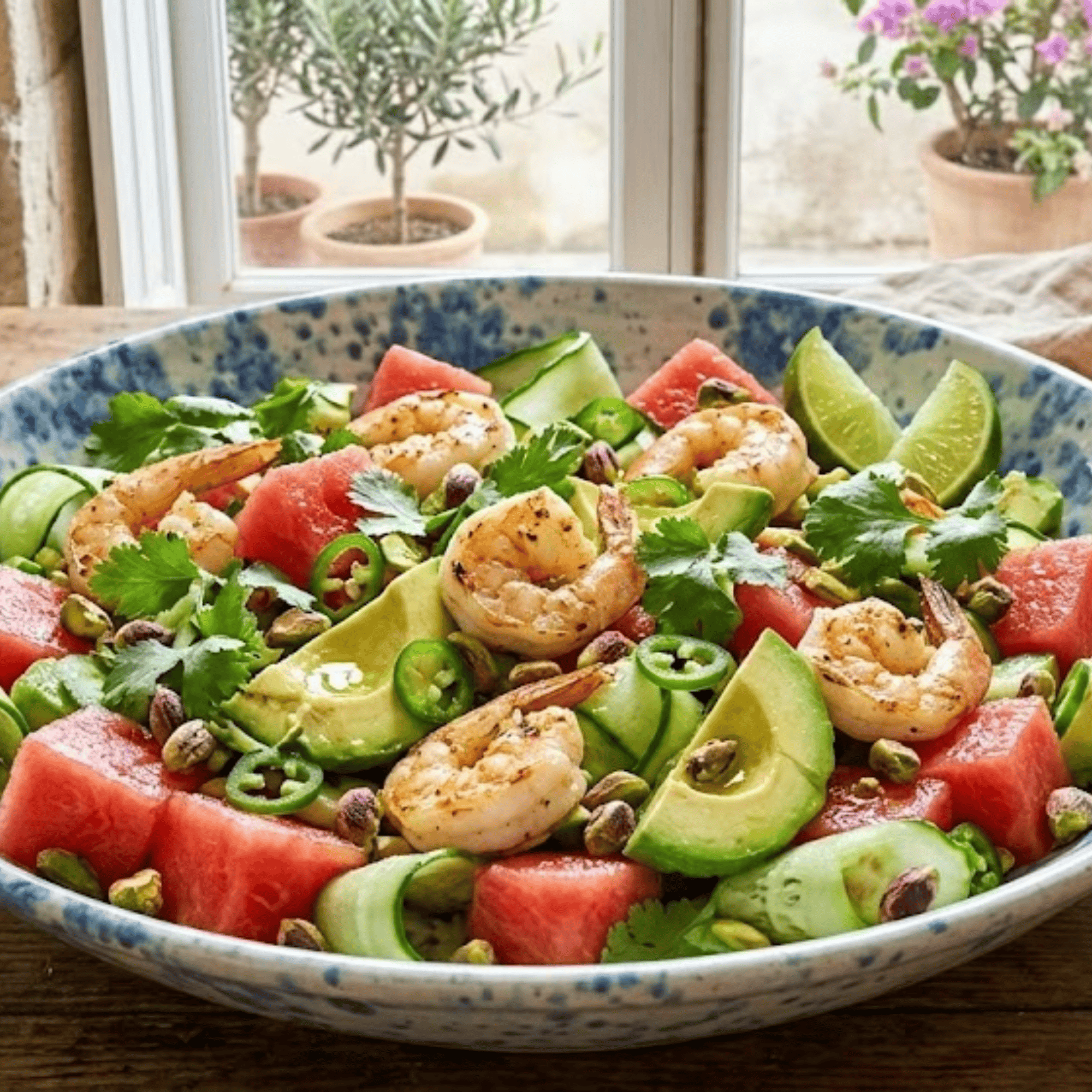 Salade fraîche aux crevettes, pastèque, avocat, concombre et pistaches servie dans un grand saladier.