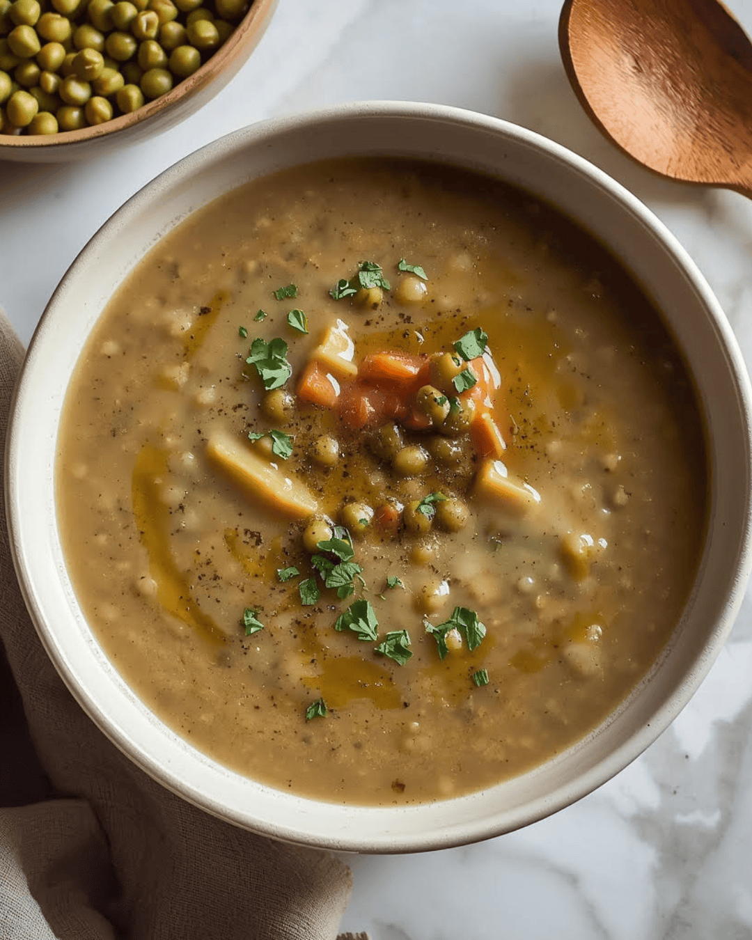 Soupe épaisse de pois cassés avec morceaux de légumes dans un bol avec texture onctueuse