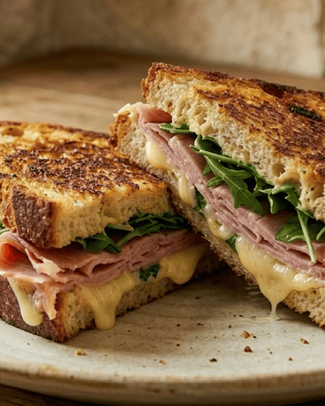 Croque ultra fondant au jambon cru, fromage et pousses vertes