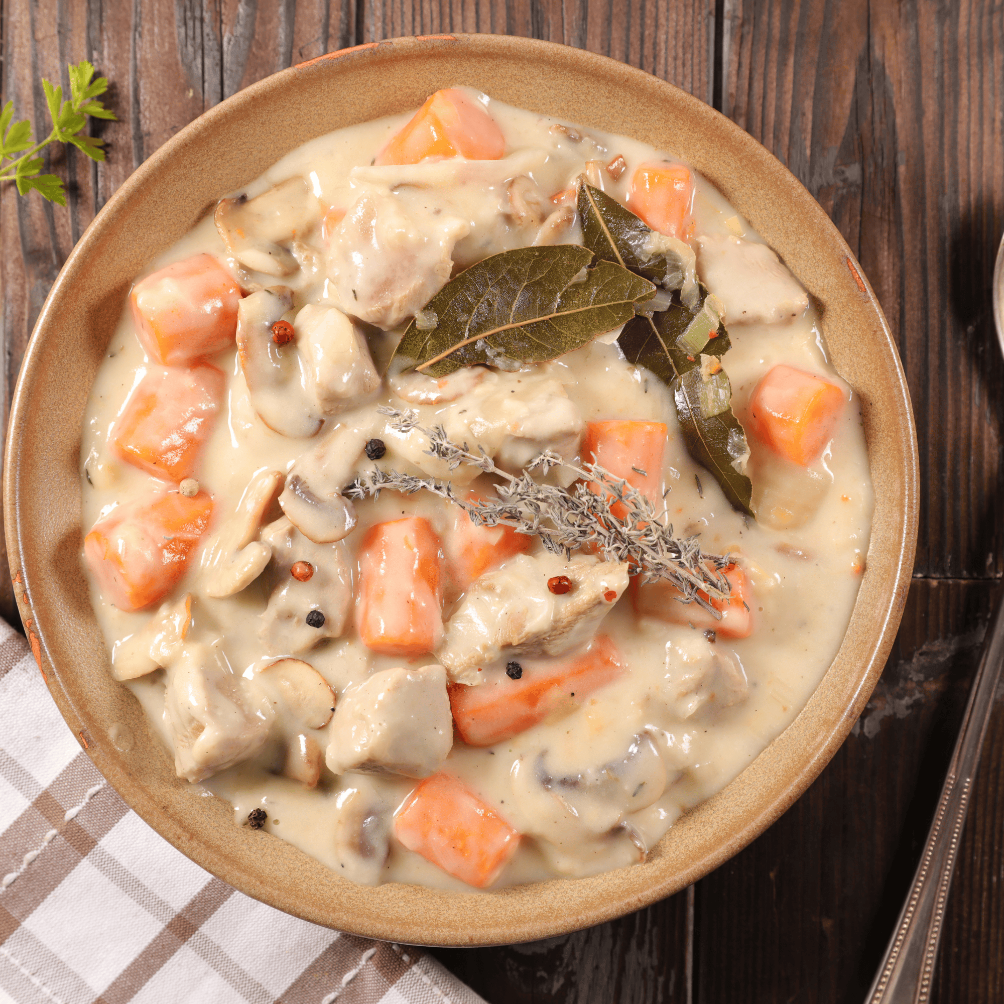 Assiette de blanquette de dinde avec pommes de terre et carottes, sauce onctueuse