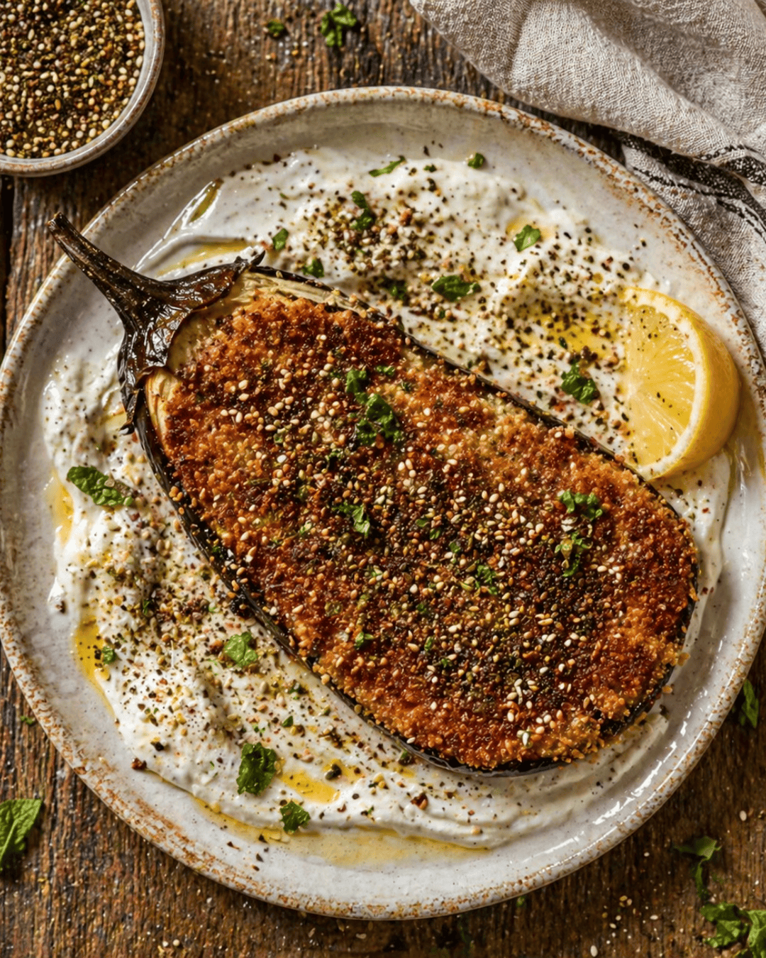Aubergines panées au zaatar et crème fraîcheur citronnée