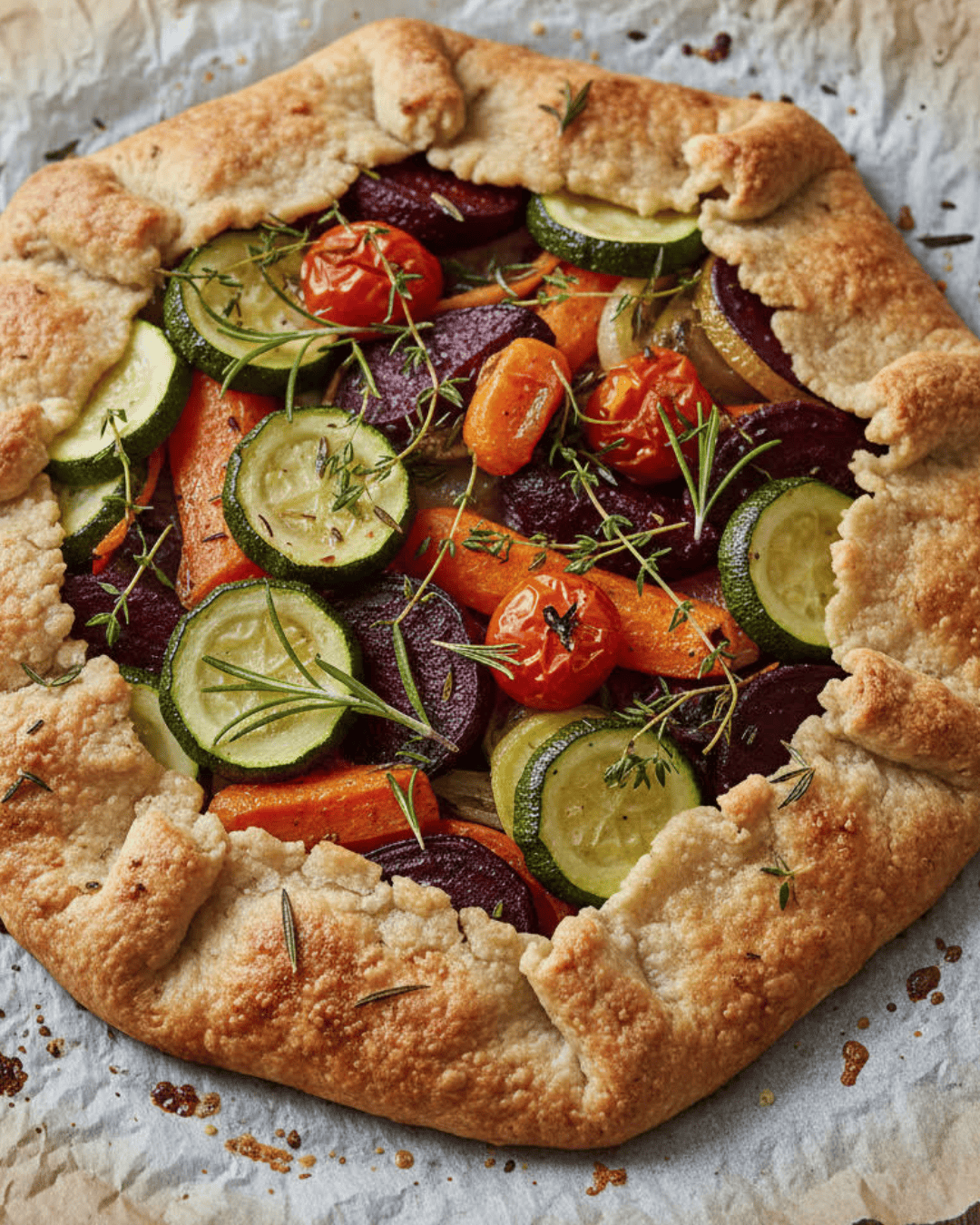 Tarte rustique croustillante aux légumes rôtis et tomates cerises.