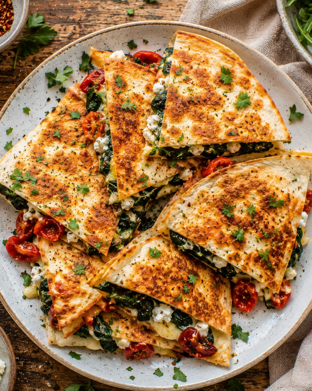 Quesadillas croustillantes aux épinards, feta et tomates cerises fondantes.