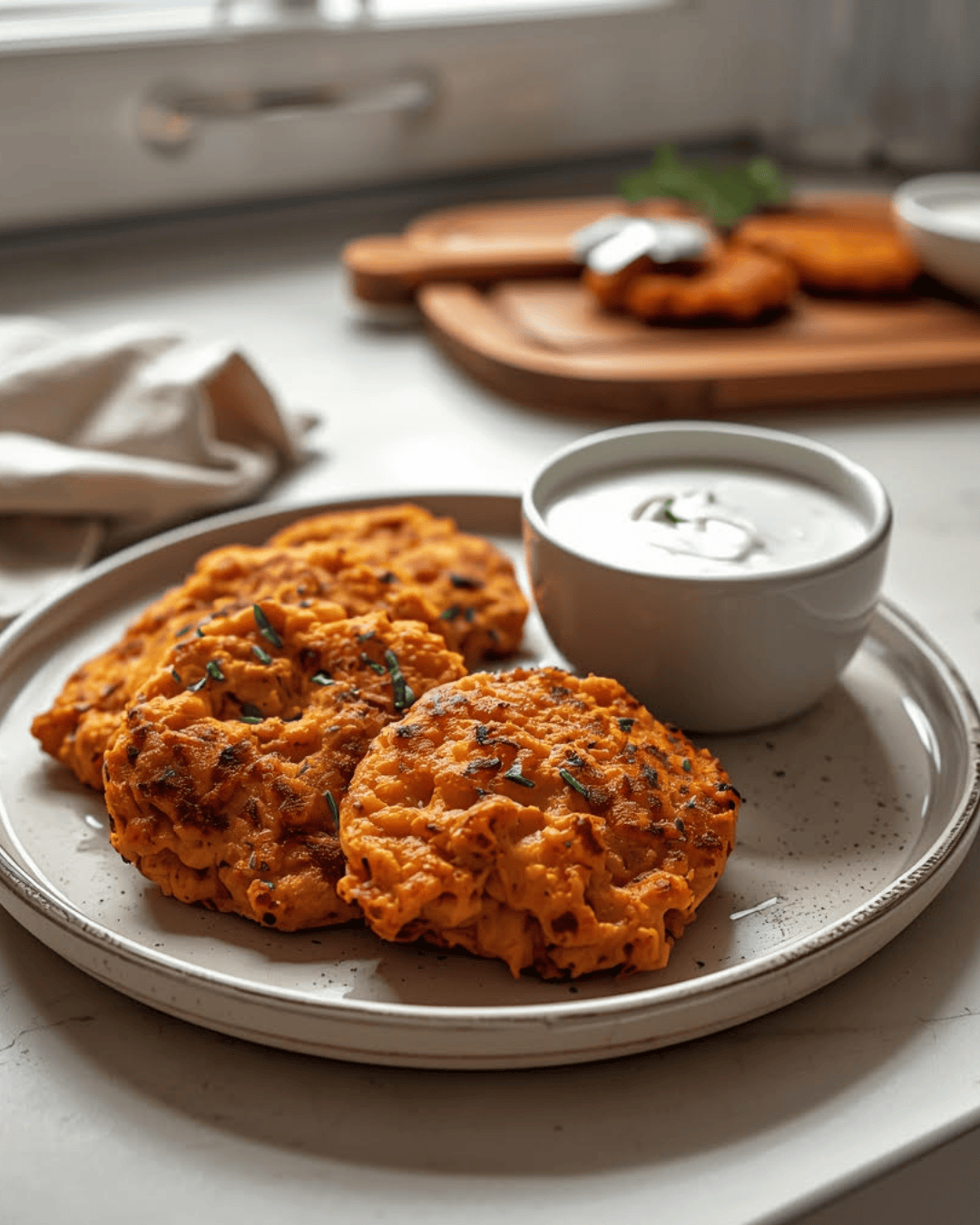 Galettes de patates douces et carottes, sauce yaourt végétal citronné
