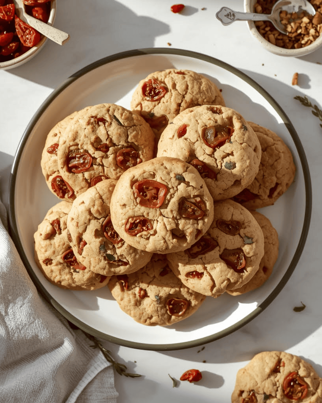 Cookies salés aux tomates séchées et fromage dorés sur une assiette.